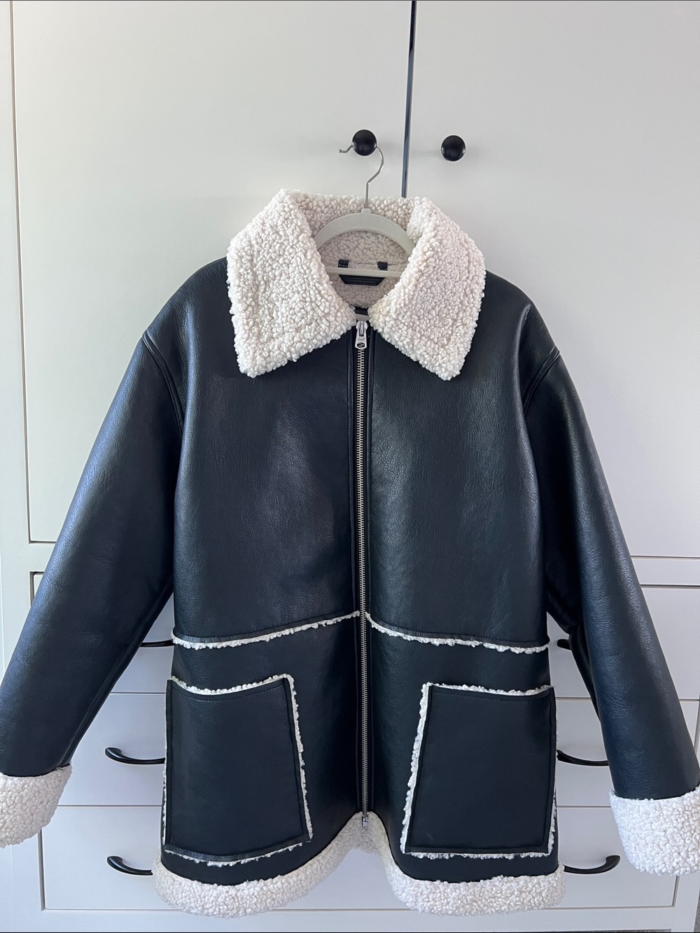 Abercrombie & Fitch Faux Leather Black Jacket with Cream Shearling Trim